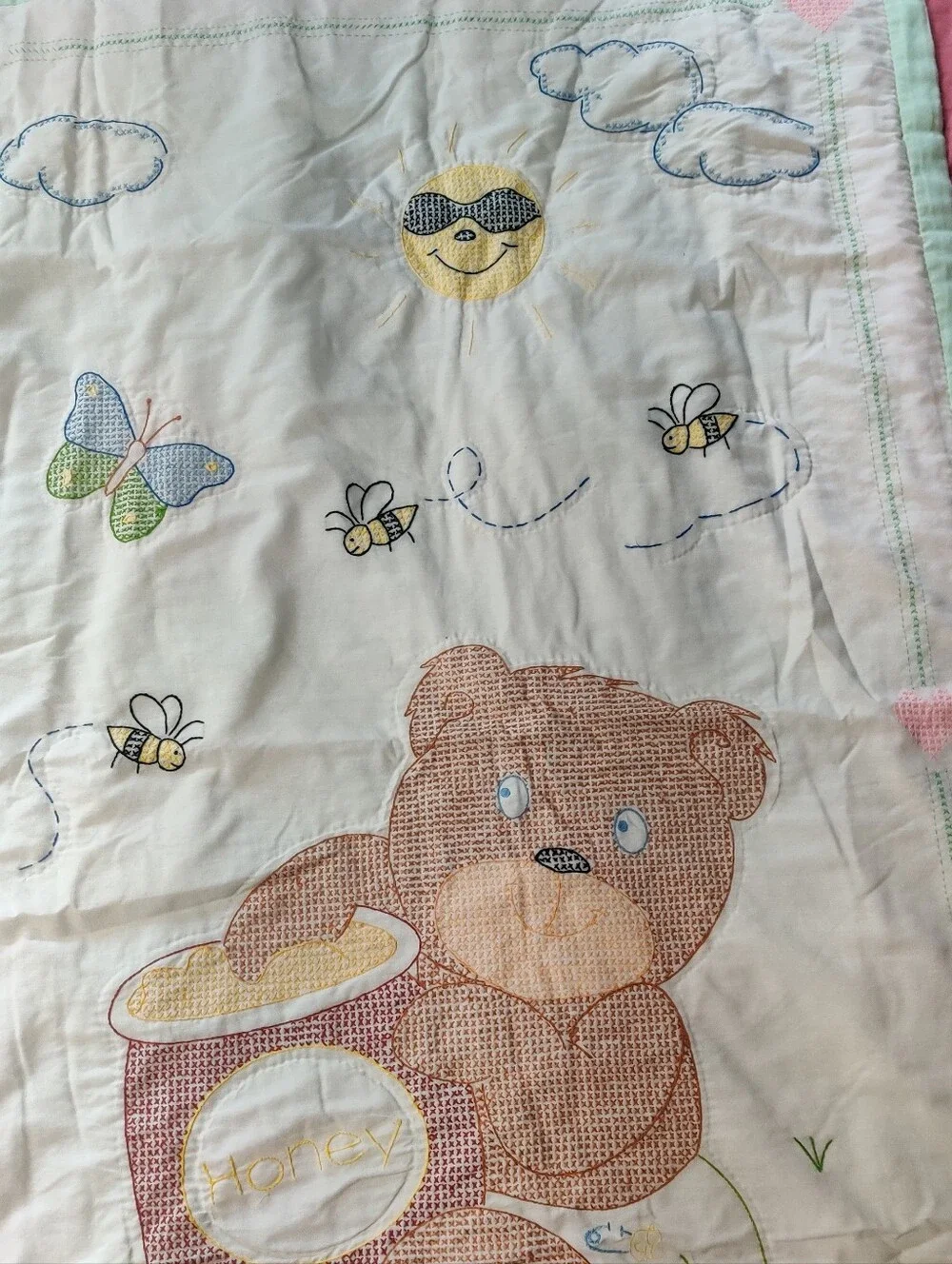 Cross Stitch Busy Bee Baby Blanket Embroidered Honey Bear Green Vintage Handmade